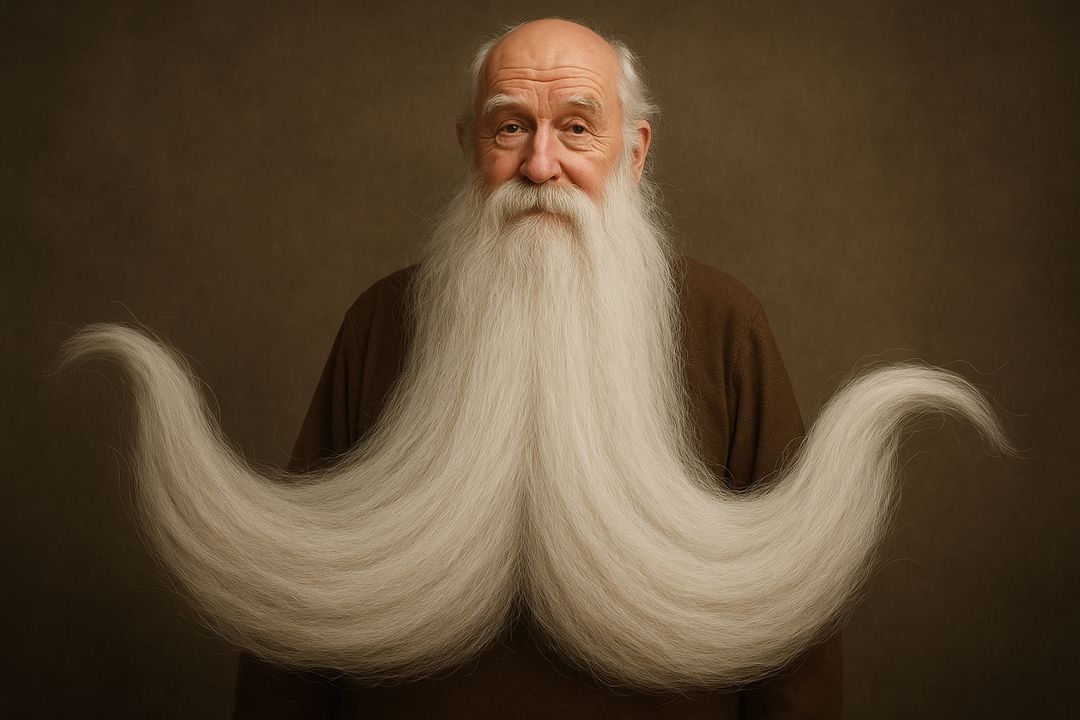 An exaggeratedly long and mystical beard symbolizing ancient wisdom and power