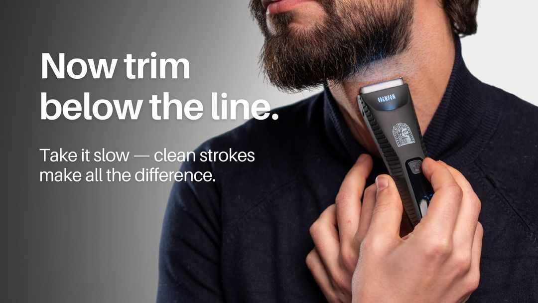 Trimmer shaping beard neckline under jaw